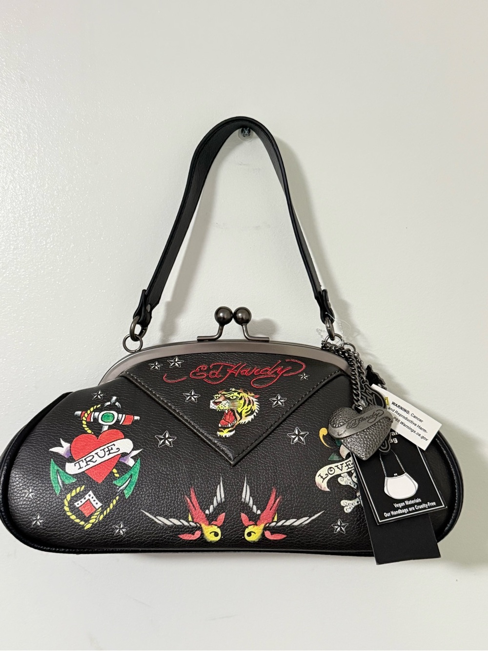 Ed Hardy Black Tattoo-Print Kiss-Lock Shoulder Bag